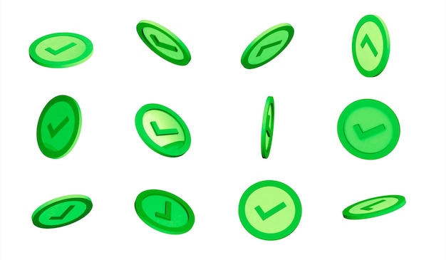 icona di rendering 3d con segno di spunta ruotato di 360 gradi in lati diversi Icona di volo dell'app verde