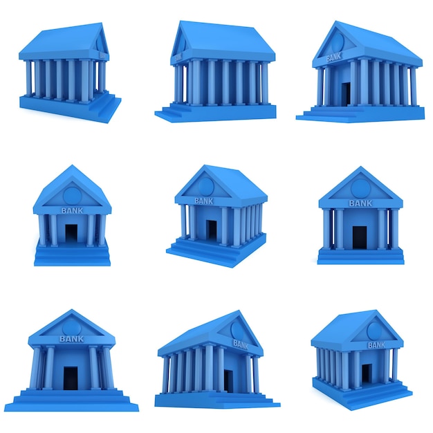 Icona di rendering 3D dell'edificio della banca blu isolata on white Set di concetti finanziari e di credito