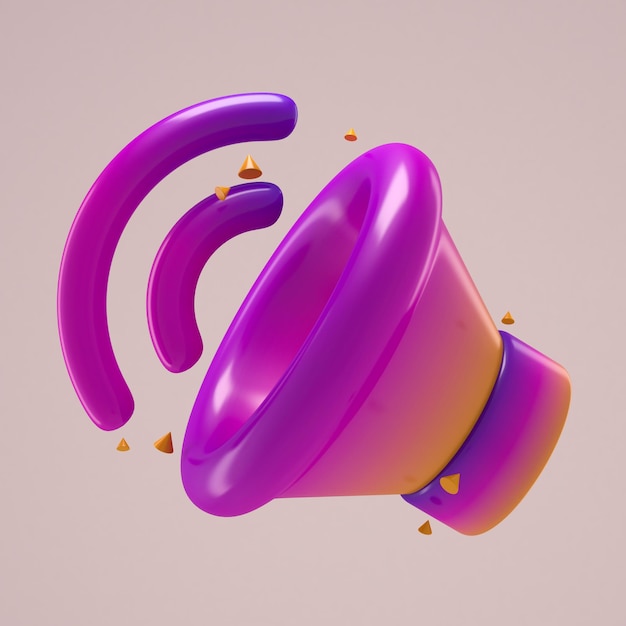 Icona di rendering 3d realistica altoparlante e icona del suono in rendering 3d giallo e viola