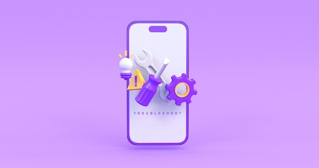 icona di risoluzione dei problemi mobili sullo sfondo viola rendering 3D
