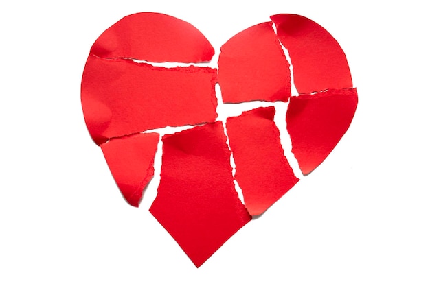 Icona di separazione e divorzio del concetto di rottura del cuore spezzato Cuore rosso di carta strappato in tanti piccoli pezzi su uno sfondo bianco isolato