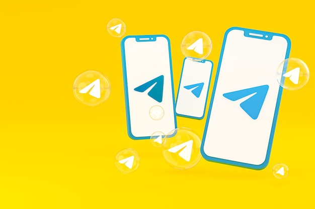 Icona di Telegram sullo schermo dei telefoni cellulari 3d render