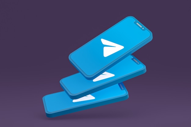 Icona di Telegram sullo schermo dei telefoni cellulari 3d render