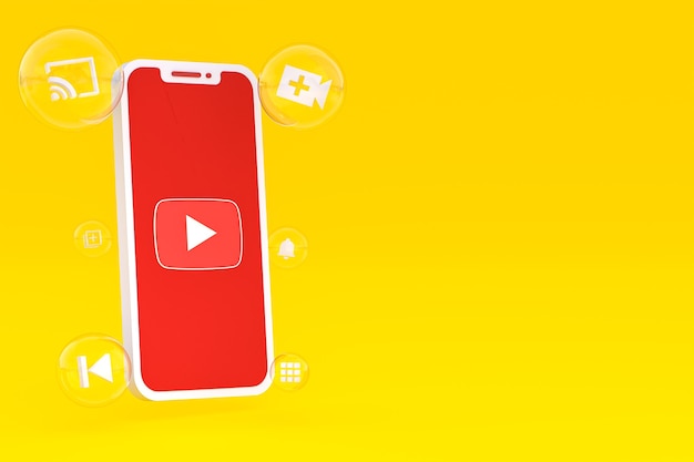 Icona di Youtube sullo schermo dello smartphone o del telefono cellulare 3D render su sfondo giallo