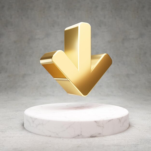 Icona freccia giù. Simbolo freccia giù lucido oro sul podio in marmo bianco. Icona moderna per sito Web, social media, presentazione, elemento modello di design. Rendering 3D.