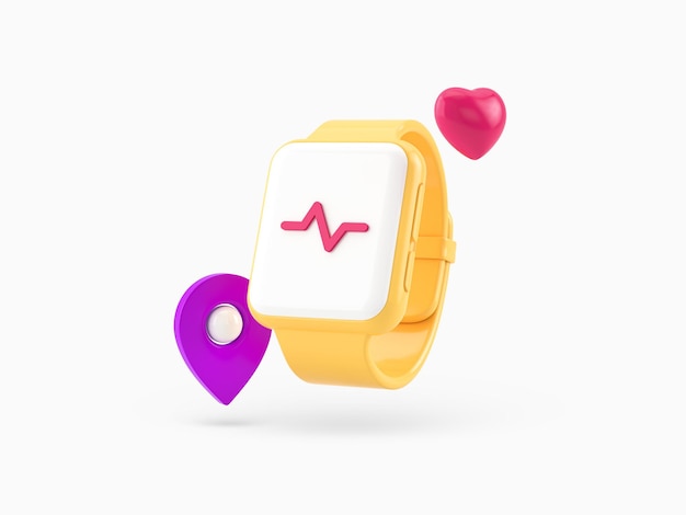Icona gialla del braccialetto Fitness con cardiogramma sul display rendering 3d di cuore e pin