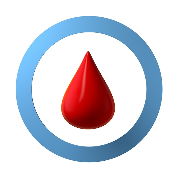 Icona goccia di sangue e cerchio blu. Icona. Giornata Mondiale del Diabete. Copia spazio. Rendering 3D.