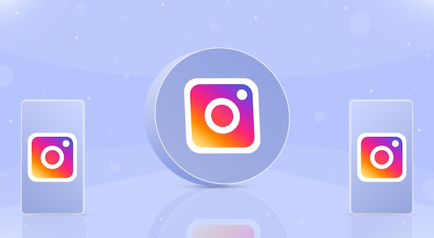 Icona instagram pulsante rotondo con due telefoni con logo instagram sugli schermi 3d