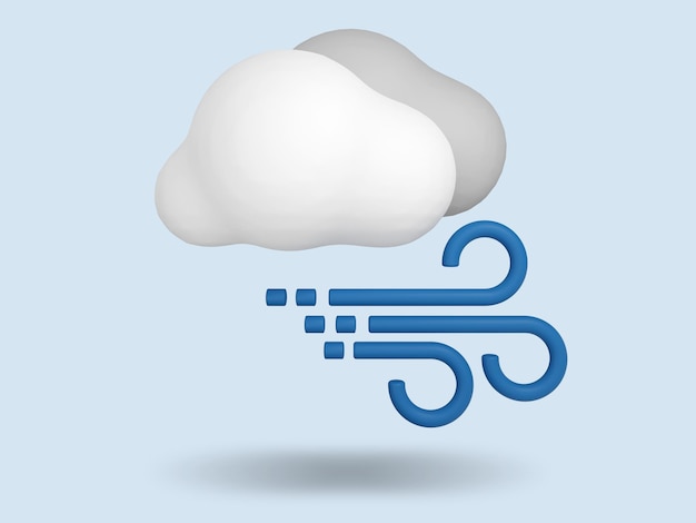 Icona meteo 3D ventosa e nuvolosa. Illustrazione di rendering 3D.