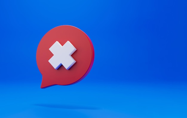 Icona minima della bolla del messaggio di errore rosso Simbolo nel rendering 3D isolato su sfondo blu