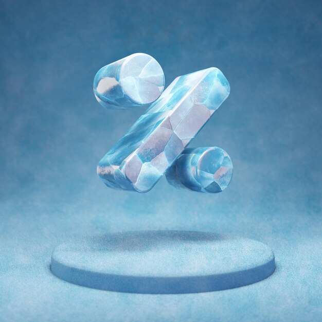 Icona percentuale. Simbolo di percentuale di ghiaccio blu incrinato sul podio di neve blu. Icona social media per sito Web, presentazione, elemento modello di design. Rendering 3D.