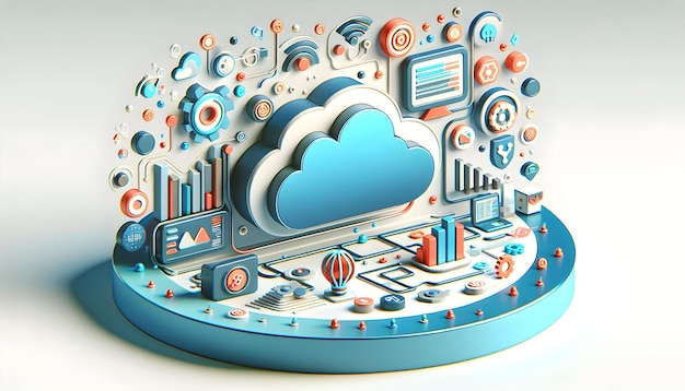 Icona piatta 3D come Cloud Tech Horizon Una linea di orizzonte con simboli di tecnologia cloud che suggeriscono un ampio raggio d'azione o
