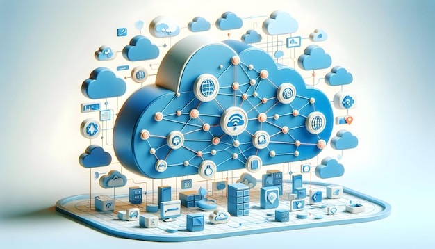 Icona piatta 3D come Cloudscape Connectivity Un paesaggio nuvoloso sereno con icone digitali che evidenziano la connettività delle nuvole