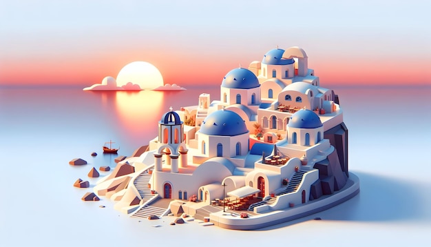 Icona piatta 3D come Santorini Sunsets Grecia Santorini dove i tramonti dipingono il cielo sopra l'iconica cupola blu