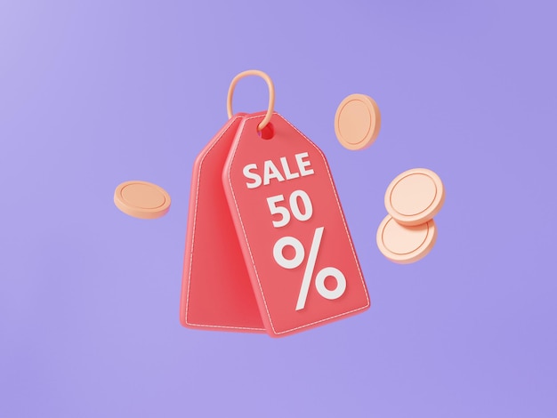 Icona prezzo minimo tag rosso con monete sconto 50 percentuale galleggiante su sfondo viola coupon offerta Promozione speciale vendita shopping online concetto 3d rendering illustrazione