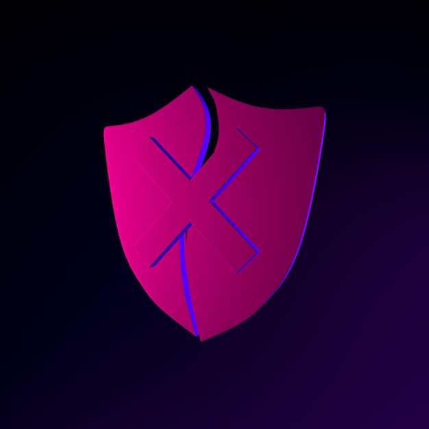 Icona scudo rotto al neon. elemento di interfaccia ui ux di rendering 3D. Simbolo incandescente scuro.