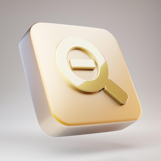 Icona Zoom indietro. Simbolo dorato Zoom Out su placca oro opaco. 3D ha reso l'icona dei social media.