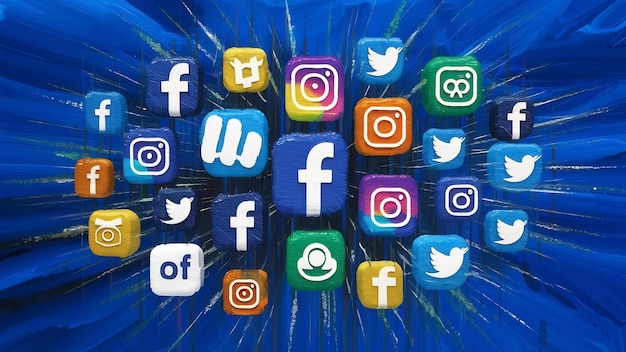 Icone colorate dei social media su uno sfondo blu dipinto