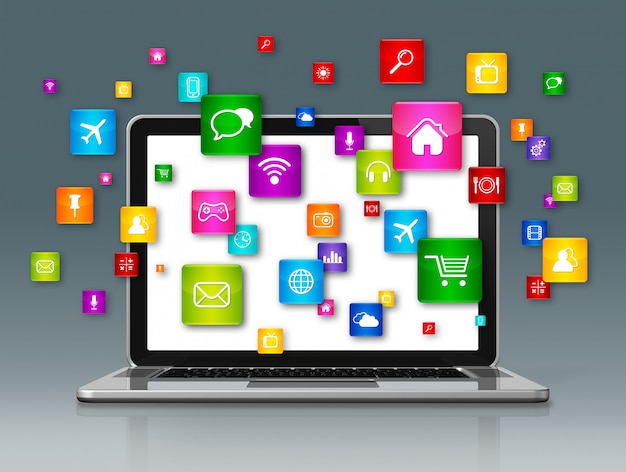 Icone dei apps di volo e del computer portatile isolate su gray