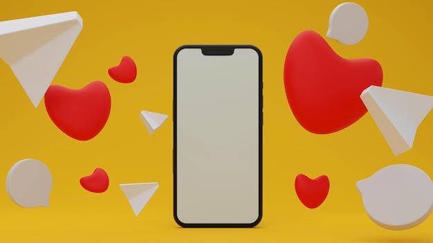 Icone del telefono e dei social media Mockup su sfondo giallo 3d Render