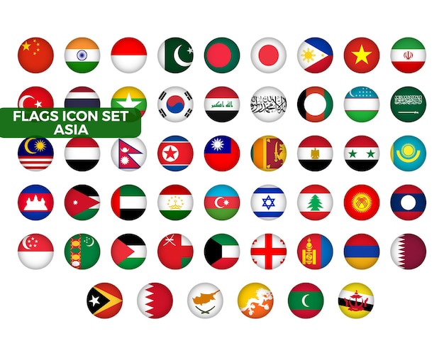 Icone delle bandiere asiatiche Impostate Paesi dell'Asia Bandiere cerchiate Cina Giappone India e altri Grafici di scorta Simboli dell'elemento 51