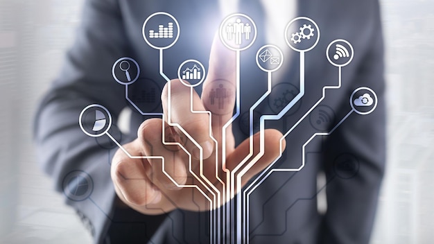 Icone di applicazioni aziendali su sfondo sfocato Concetto di tecnologia Internet finanziaria e commerciale