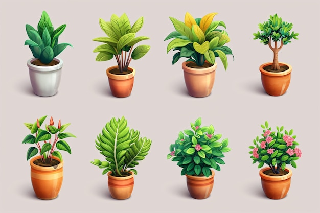 Icone di cartoni animati 3D di piante e alberi in vaso