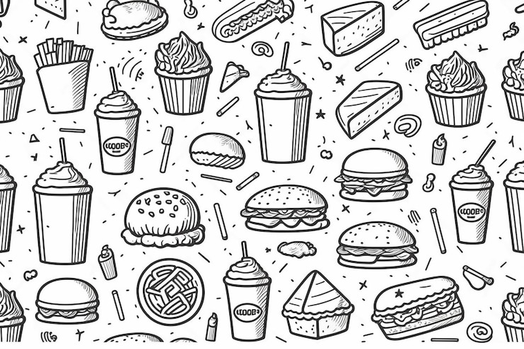 Foto icone di fast food disegnate a mano con un disegno senza cuciture