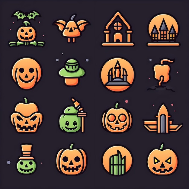 Icone di Halloween impostate su sfondo nero per grafica e web design