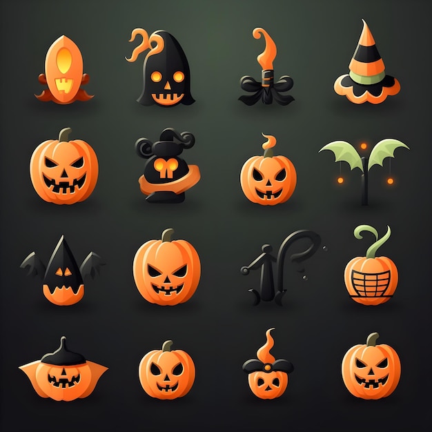 Icone di Halloween impostate su sfondo nero per grafica e web design