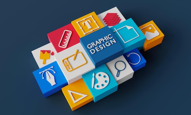 Icone di progettazione grafica su sfondo scuro Rendering 3D