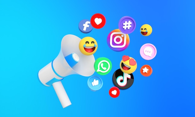 Icone e loghi dei social media con megafono 3d per lo sfondo del marketing dei media digitali e dei social media