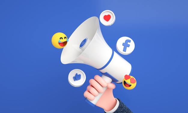 Icone e logo di Facebook con megafono 3D per il marketing digitale e dei social media