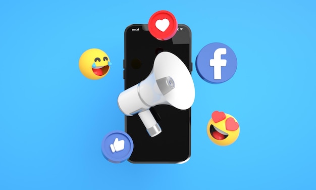 Icone e logo di Facebook con megafono 3D per il marketing digitale e dei social media