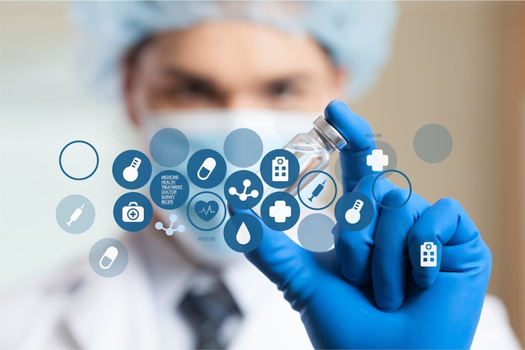 Foto icone mediche e giovane medico con stetoscopio