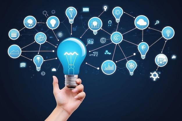 Icone tecnologiche di innovazione di marketing digitale per la lampadina a mano e le aziende su sfondo blu della connessione alla rete