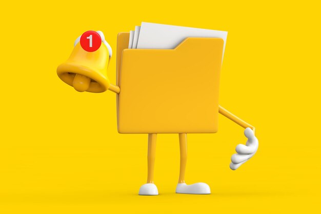 Iconica di cartella gialla Personaggio di cartone animato Mascotte witn cartoni animati Notifica dei social media Campana e nuova icona di messaggio Rendering 3d