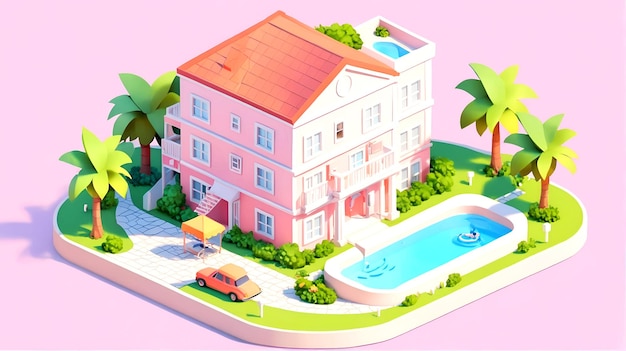 Iconica isometrica 3D di un hotel turistico con piscina