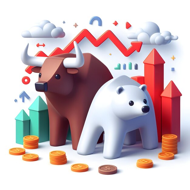Iconica piatta 3D Dinamica del mercato azionario Concetto come silhouette astratte di toro e orso con sfondo bianco
