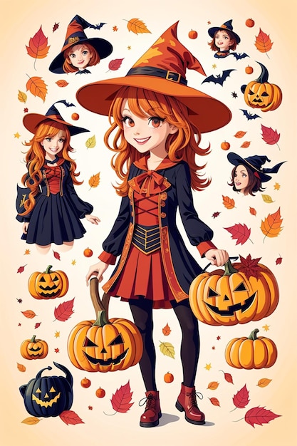 Iconpack autunnale di una ragazza affascinante come Halloween