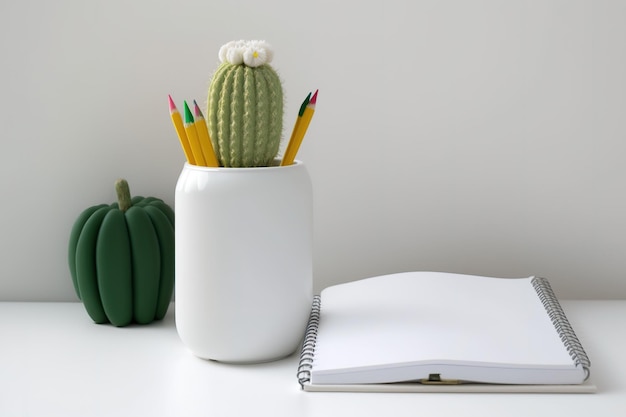 Idea autunnale Interni con un design semplice, una parete bianca con copia spazio, un taccuino aperto con pastelli e un ornamento di cactus in ceramica