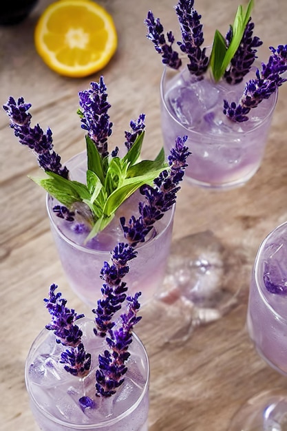 Idea cocktail guarnito alla lavanda deliziosa bevanda alcolica Illustrazione aigenerata