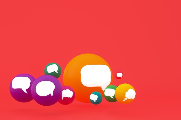 Idea commento o pensa reazioni emoji rendering 3d, simbolo palloncino social media con sfondo motivo icone commento