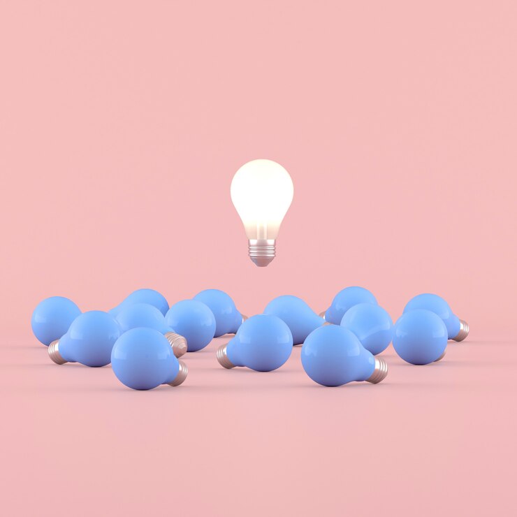 Idea concettuale minima della lampadina che galleggia intorno alle lampadine blu su fondo rosa. Rendering 3D.