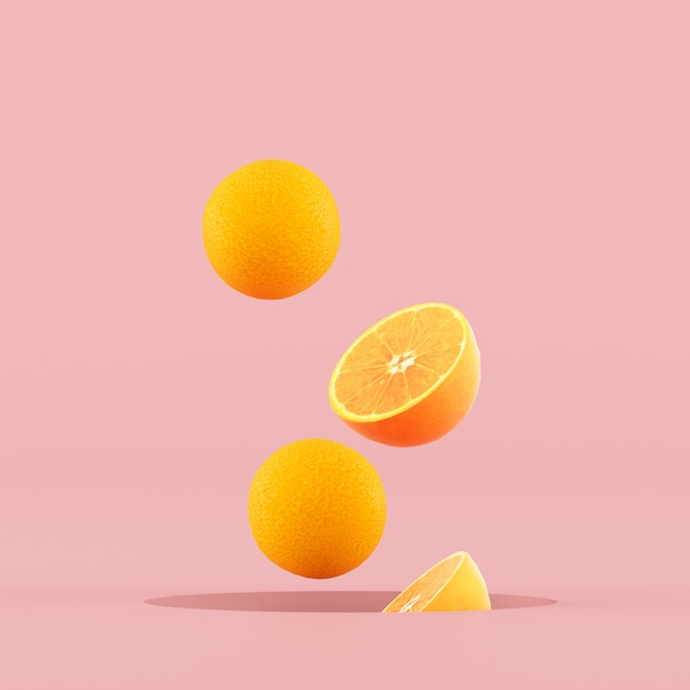 Idea concettuale minima delle arance affettate che galleggiano fuori dal foro su fondo rosa. Rendering 3D.