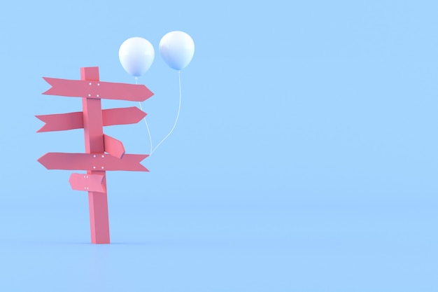 Idea concettuale minima di cartello rosa e palloncini bianchi su sfondo blu. Rendering 3D.