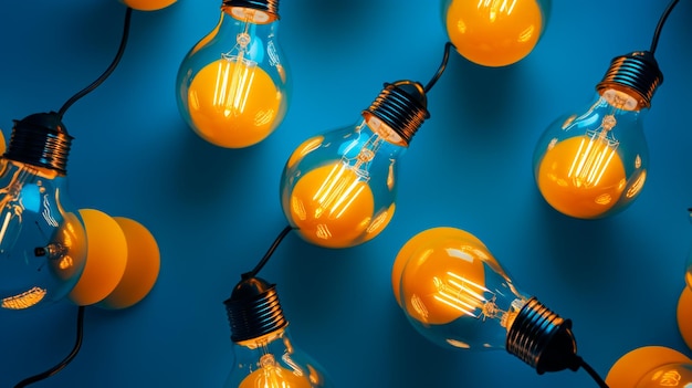 Idea concettuale minima vista dall'alto piatta delle lampadine gialle appese su uno sfondo blu e ciascuna luminosa con un tema unico IA generativa