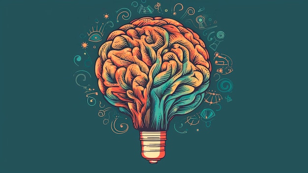 Idea creativa con illustrazione del cervello e della lampadina IA generativa