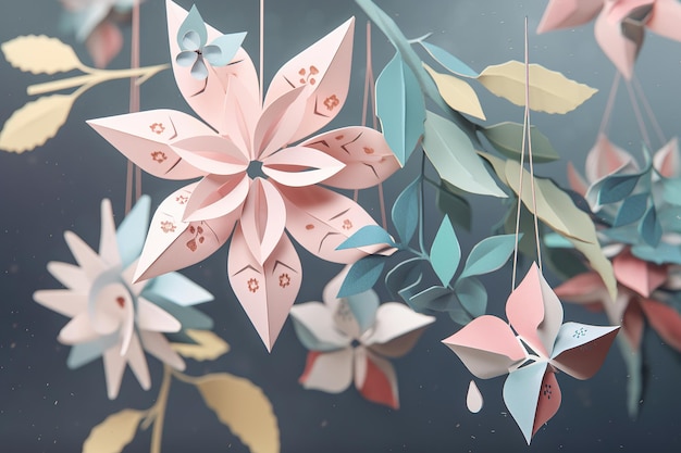 Idea decorazioni artigianali Fiocchi di neve origami di carta colorata per lo sfondo invernale Ai generativa