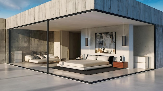 Idea di design d'interno della camera da letto e consistenza della parete in cemento background3d rendering